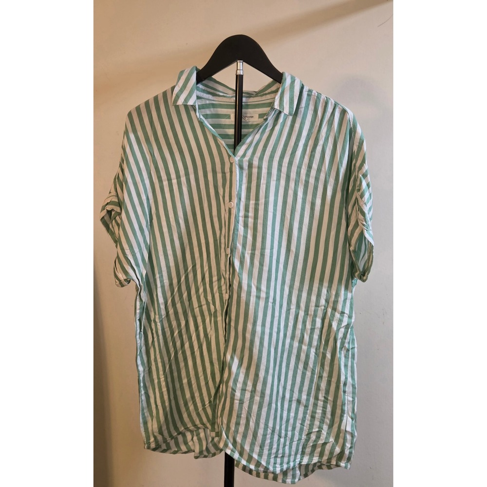 Beachlunchlounge Green White Striped Short Sleeve Shirt Women's Size Medium